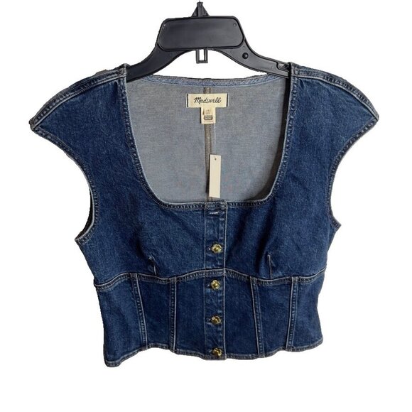 Madewell $82 Denim Darted Crop Top Marbern Wash Size 10 NP011 - Picture 2 of 9